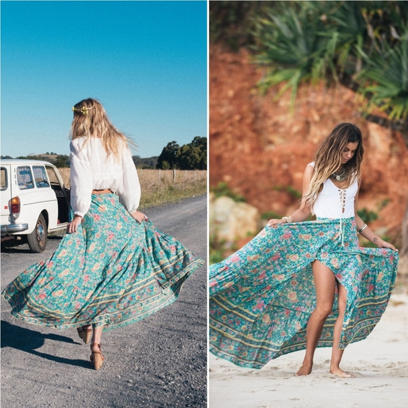 New spell original drop folk town maxi skirt turquoise L folktown NWT teal og - Picture 2 of 16